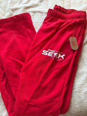 poppi Red Fleece Sweatpants with Logo Tag